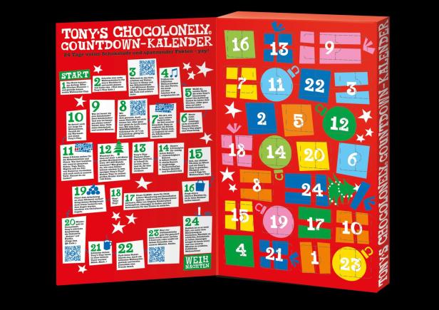 Ein Countdown-Kalender von Tony's Chocolonely mit Schokolade und Fakten für die Vorweihnachtszeit.