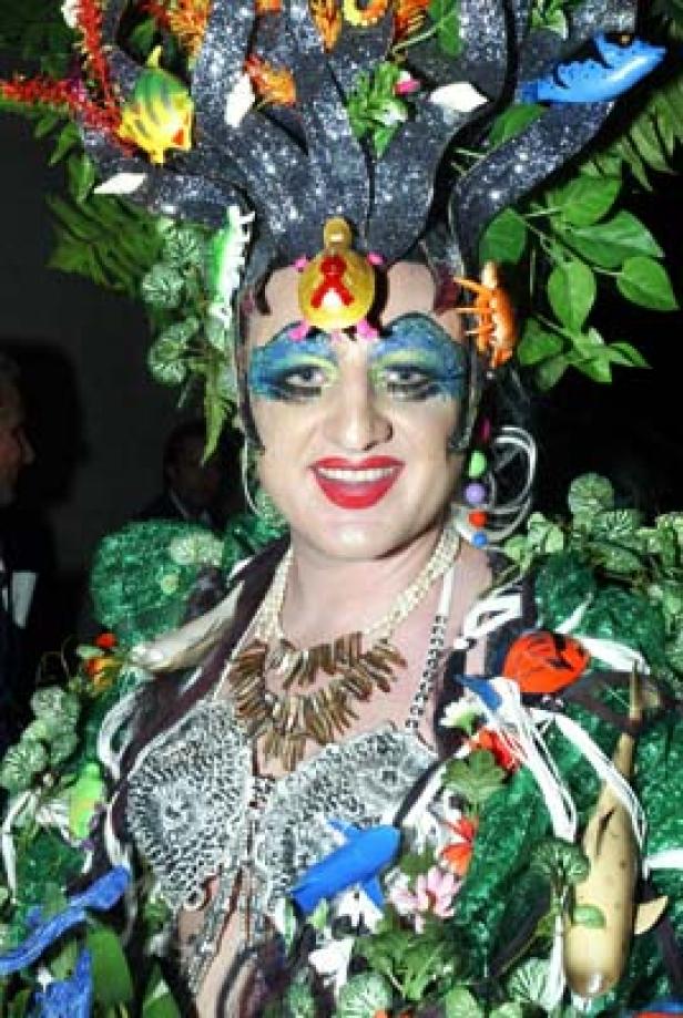 Eine Person mit aufwendigem Kopfschmuck und Kostüm, verziert mit Pflanzen und Tieren.
