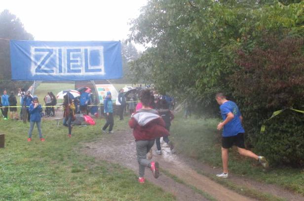 Bei Regen laufen Menschen auf einer Wiese auf ein Ziel zu.
