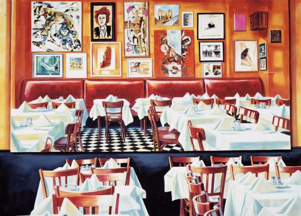 Gemälde eines Restaurants mit gedeckten Tischen und Kunstwerken an den Wänden.
