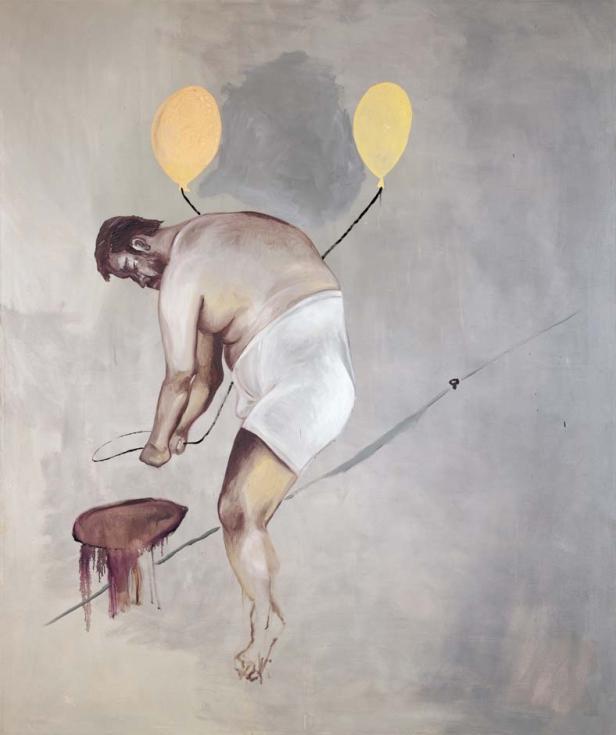 Ein Mann in Unterwäsche balanciert auf einem Seil, gehalten von zwei gelben Ballons.