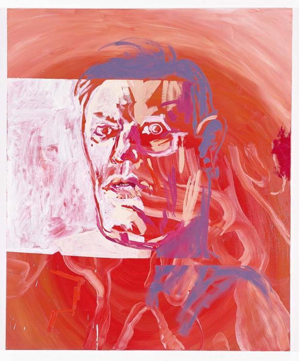 Ein expressionistisches Porträt in Rot- und Weißtönen zeigt ein Gesicht mit aufgerissenen Augen.