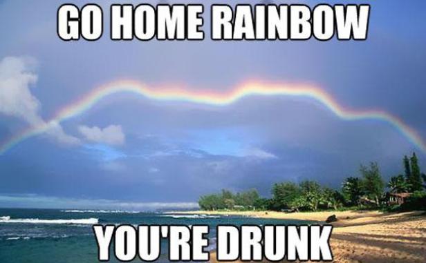 Ein Regenbogen erstreckt sich über einen Strand mit Bäumen und blauem Himmel.