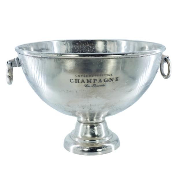 Ein silberner Champagnerkühler mit der Aufschrift „Champagne“.