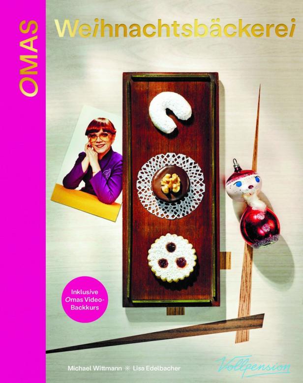 Das Cover des Buches „Omas Weihnachtsbäckerei“ mit Gebäck und einem Foto einer älteren Dame.
