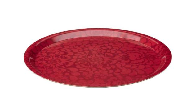 Ein rotes, ovales Tablett mit einem floralen Muster.