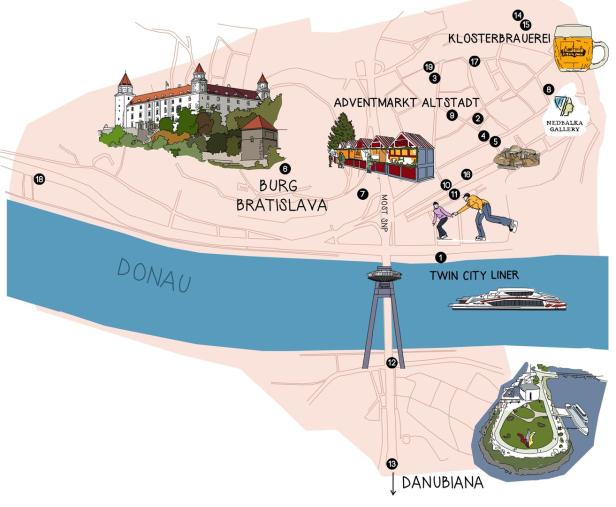 Eine illustrierte Karte von Bratislava mit Sehenswürdigkeiten wie Burg, Altstadt und Donau.