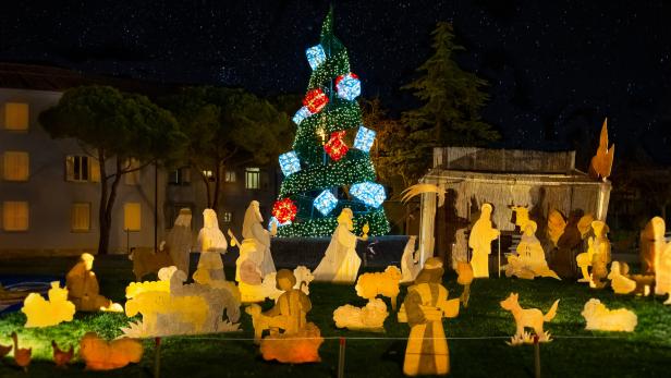 Eine beleuchtete Weihnachtskrippe und ein Weihnachtsbaum unter einem Sternenhimmel.