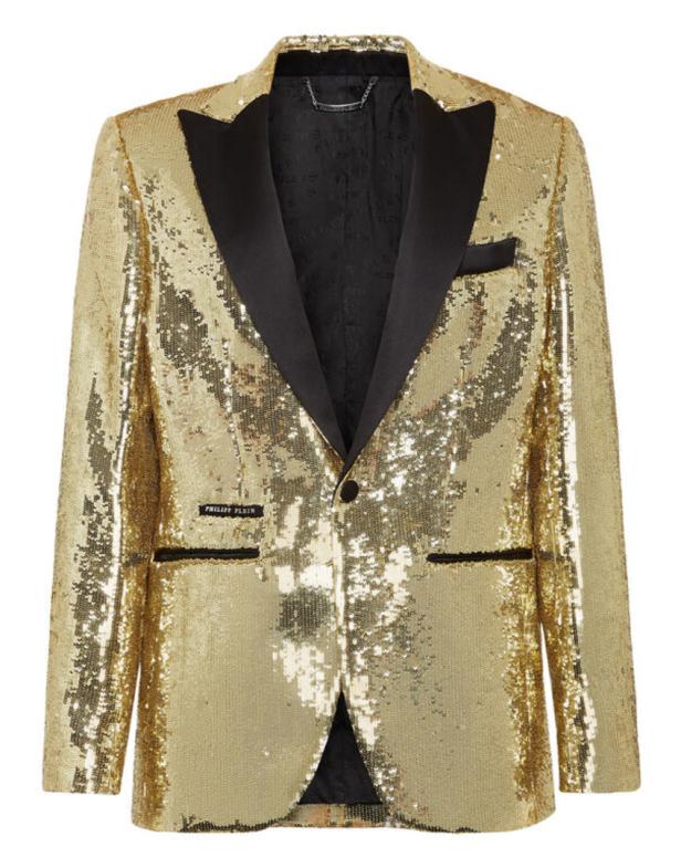 Ein goldenes Pailletten-Sakko mit schwarzem Revers von Philipp Plein.