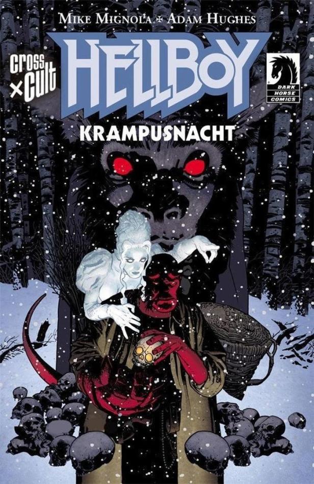 Das Cover von „Hellboy: Krampusnacht“ zeigt Hellboy mit einem Schädel in der Hand, umgeben von einer Geisterfrau und einem Monster.