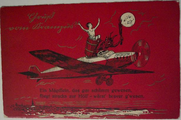 Ein Teufel fliegt ein Flugzeug mit einem Mädchen im Fass zum Mond.