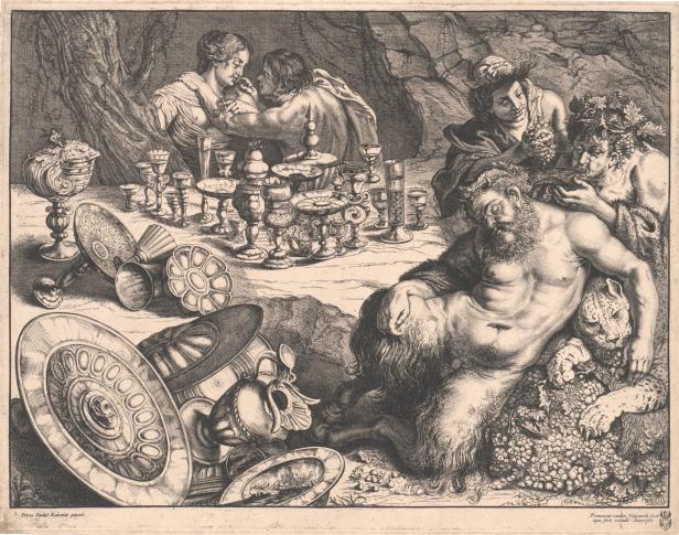 Ein schlafender Satyr liegt mit einem Leoparden auf einer Ansammlung von Trauben, während andere um ihn herum feiern.