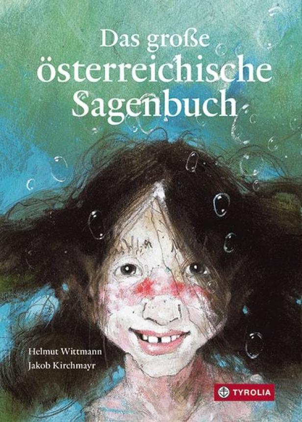 Das Buch „Das große österreichische Sagenbuch“ mit einer Illustration eines Mädchengesichts unter Wasser.