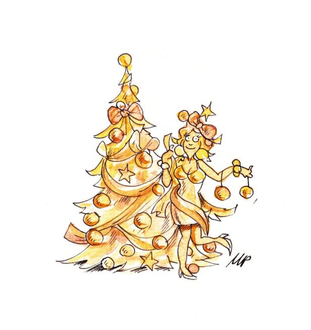 Eine gezeichnete Frau im goldenen Kleid schmückt einen goldenen Weihnachtsbaum.
