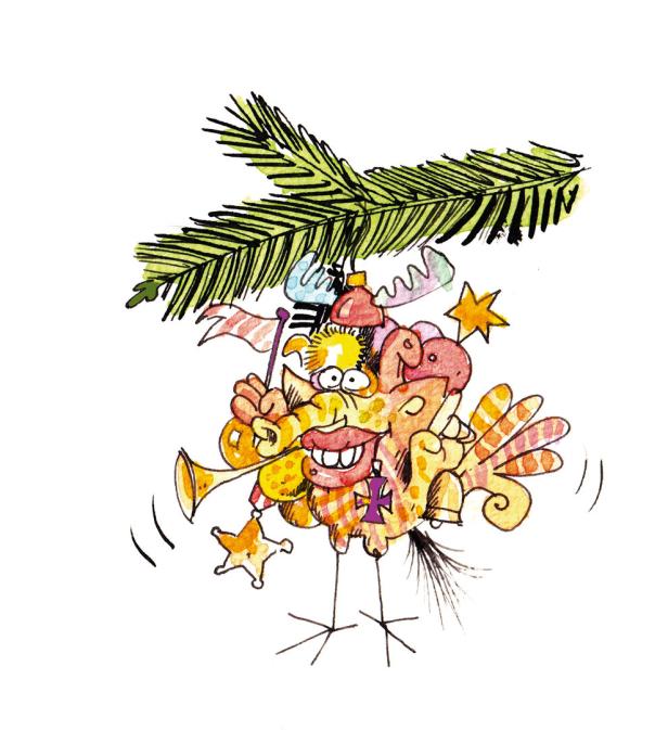 Eine skurrile, cartoonartige Figur mit Weihnachtsbaumzweig und verschiedenen Objekten geschmückt.