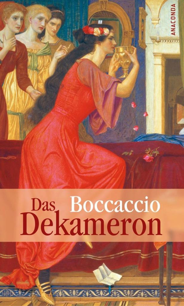Das Cover des Buches „Das Dekameron“ von Boccaccio zeigt eine Frau, die aus einem goldenen Kelch trinkt.
