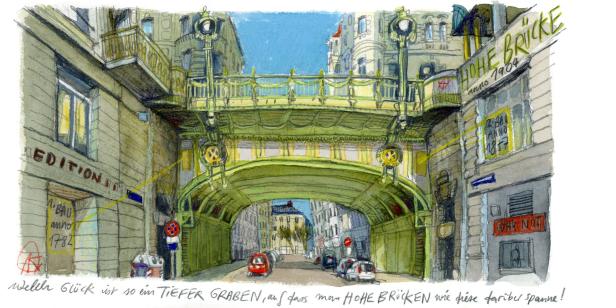 Eine Aquarellzeichnung der Hohen Brücke in Wien, erbaut im Jahr 1904.