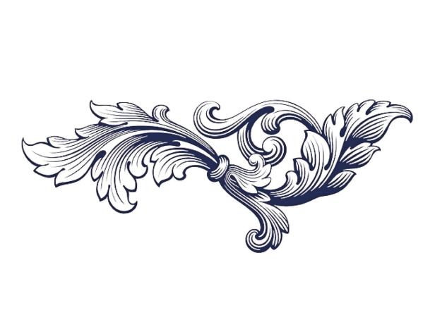 Eine stilisierte, blaue Ranke mit Blättern auf einem weißen Hintergrund.