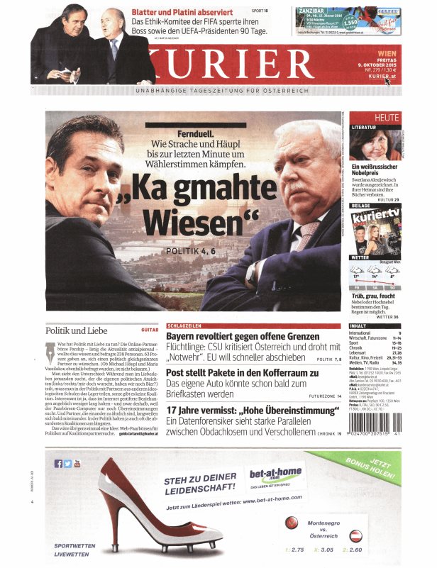 Titelseite der Zeitung „Kurier“ vom 9. Oktober 2015.