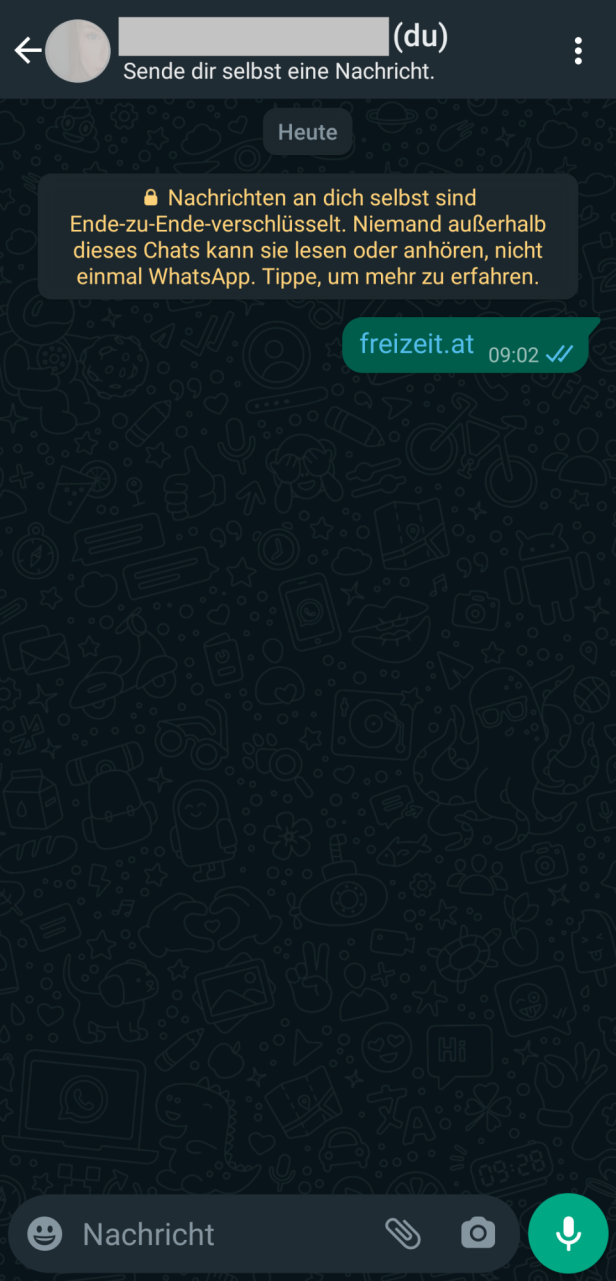 Ein Screenshot eines WhatsApp-Chats mit einer Nachricht von freizeit.at.