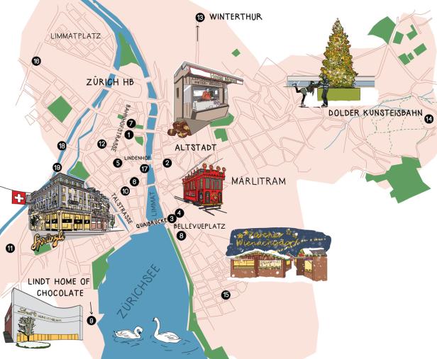 Eine Karte von Zürich mit Sehenswürdigkeiten wie dem Lindt Home of Chocolate und dem Zürcher Wienachtsdorf.