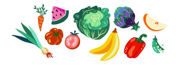 Eine bunte Auswahl an Gemüse und Obst, darunter Karotten, Tomaten, Bananen und mehr.