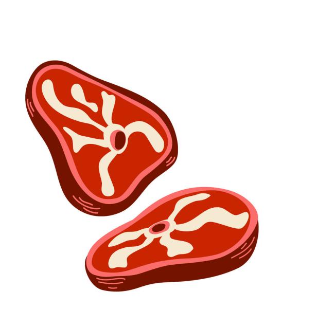 Zwei rohe Steak-Scheiben mit Fett sind auf einem weißen Hintergrund zu sehen.
