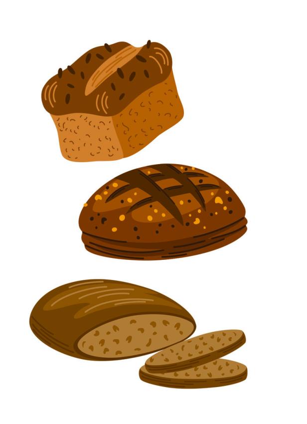 Drei verschiedene Brotsorten sind auf einem weißen Hintergrund dargestellt.