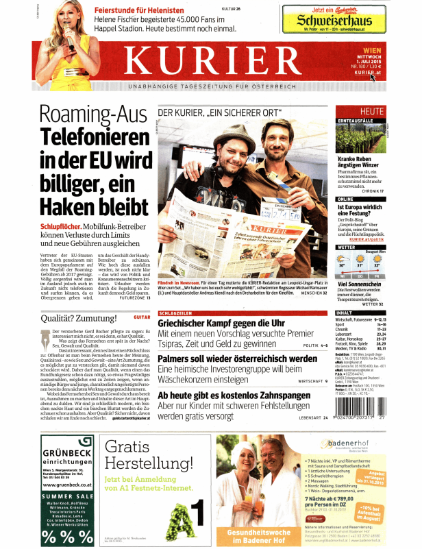 Titelseite des Kurier vom 1. Juli 2015 mit Artikeln über Roaming, Helene Fischer und einen Filmdreh in der Redaktion.