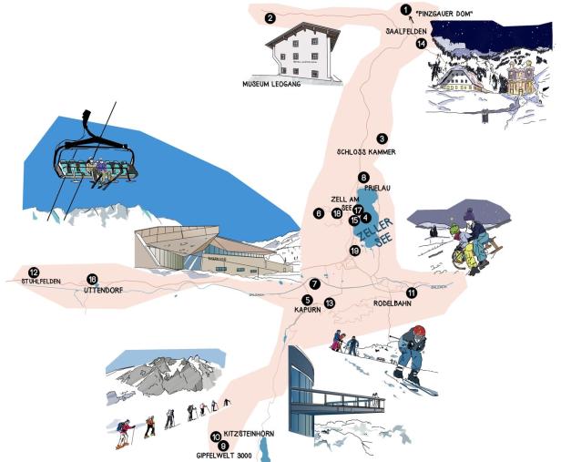 Eine illustrierte Karte der Region Zell am See-Kaprun mit verschiedenen Sehenswürdigkeiten und Aktivitäten.