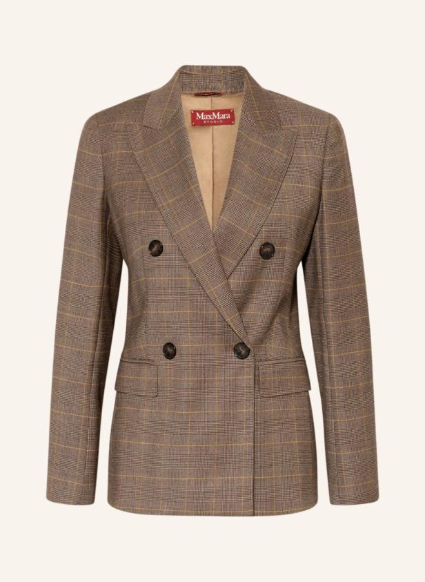 Ein braun karierter Blazer von Max Mara Studio vor einem hellen Hintergrund.