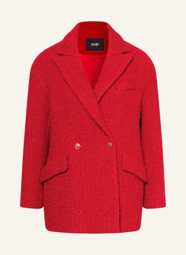 Ein roter Blazer der Marke Maje mit doppelreihiger Knopfleiste.
