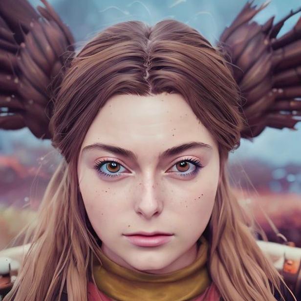 Porträt einer jungen Frau mit heterochromen Augen und geflochtenen Zöpfen, die wie Flügel aussehen.