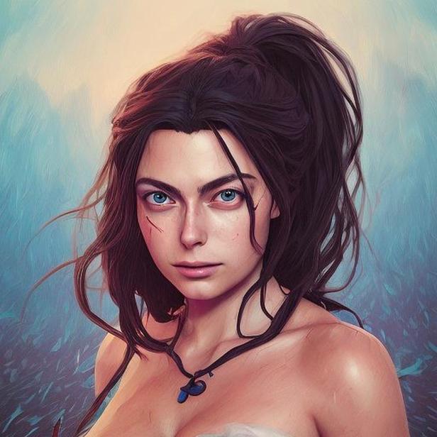 Eine junge Frau mit blauen Augen und dunklen Haaren trägt eine Halskette.