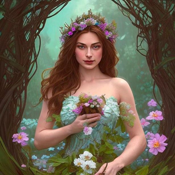 Eine Frau mit Blumenkrone und einem Kleid aus Blättern hält einen Blumenstrauß.