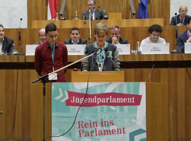 Jugendliche sprechen im Jugendparlament vor Politikern.