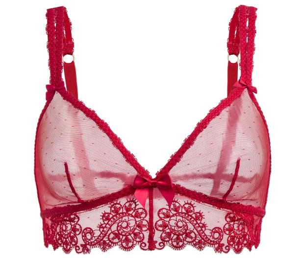 Ein roter BH aus Spitze mit Schleife in der Mitte.