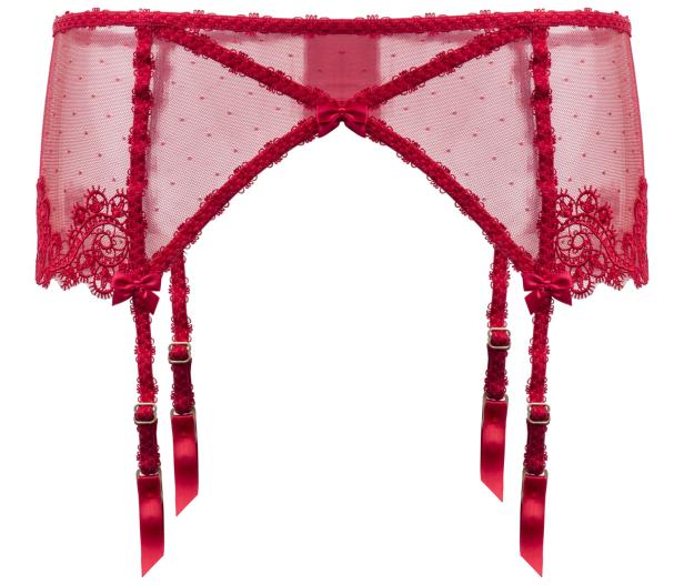 Ein roter Strapsgürtel aus Spitze und Satin mit kleinen Schleifen.