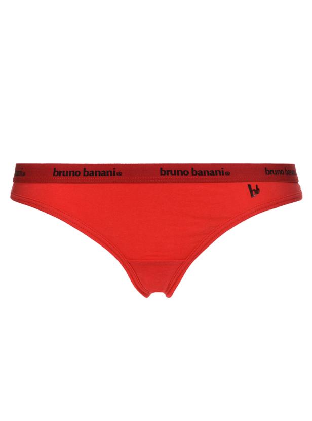 Eine rote Damenunterhose der Marke Bruno Banani mit dem Markenlogo auf dem Bund.