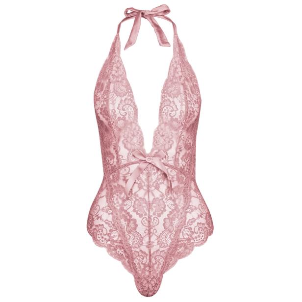 Ein rosa Spitzenbody mit Neckholder und Schleifenverzierungen.