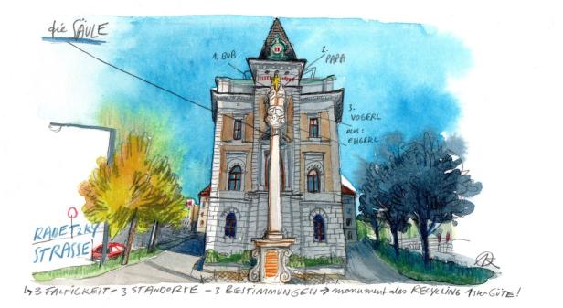Eine aquarellartige Darstellung eines Gebäudes mit einer Säule davor, möglicherweise ein Denkmal.