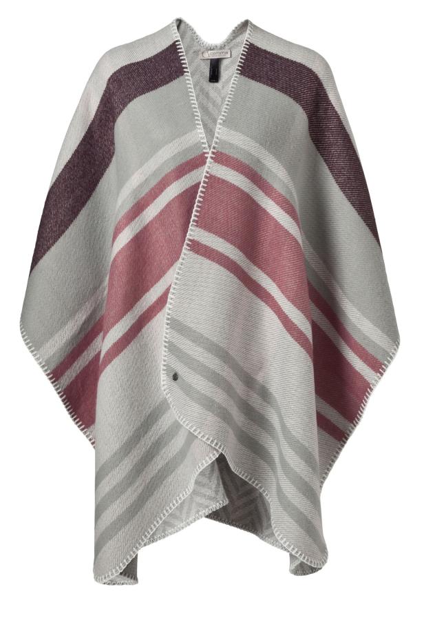 Ein gestreifter Poncho in Grau-, Rosa- und Lilatönen mit weißen Ziernähten.