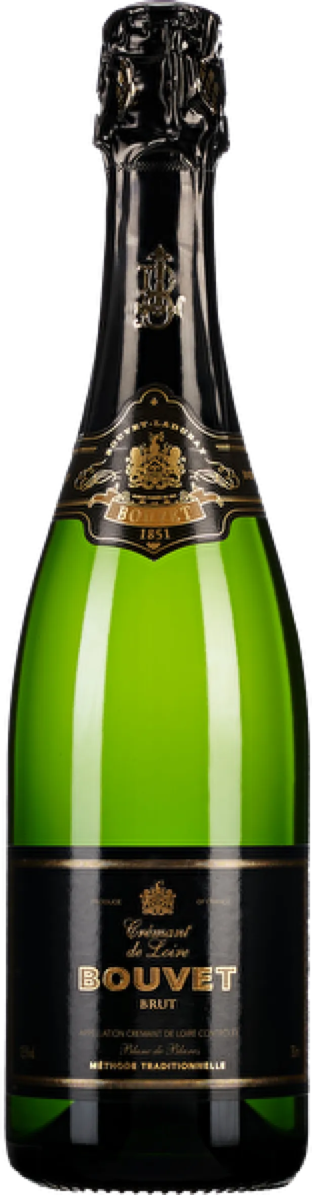Eine Flasche „BOUVET Crémant de Loire Brut“ Sekt vor dunklem Hintergrund.