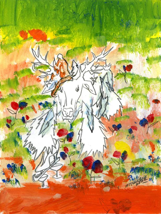 Ein Mann reitet auf einem Hirsch in einer bunten, floralen Landschaft.