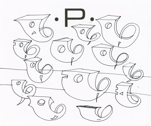 Eine Schwarz-Weiß-Zeichnung mit stilisierten Vogelmotiven und dem Buchstaben P.