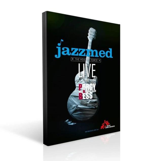 Das Cover des Albums „Jazzmed Live im Porgy & Bess“ zeigt eine Gitarre, die mit Bandagen umwickelt ist.