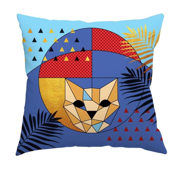 Ein Kissen mit einem geometrischen Katzenkopf und abstrakten Mustern.