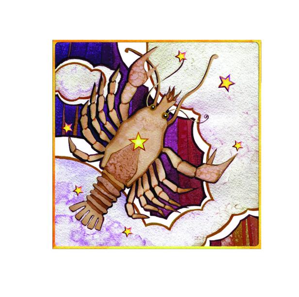 Eine Illustration des Sternzeichens Krebs mit einem Krebs und Sternen.