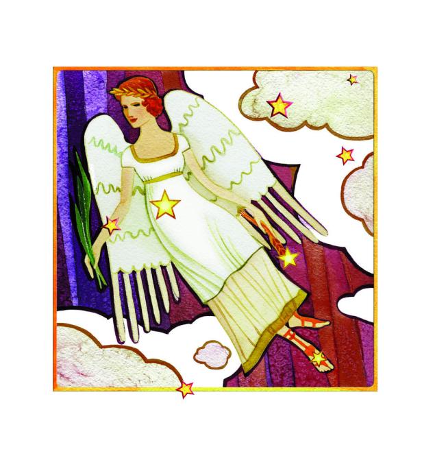Eine geflügelte Frau in einem weißen Kleid, umgeben von Wolken und Sternen.