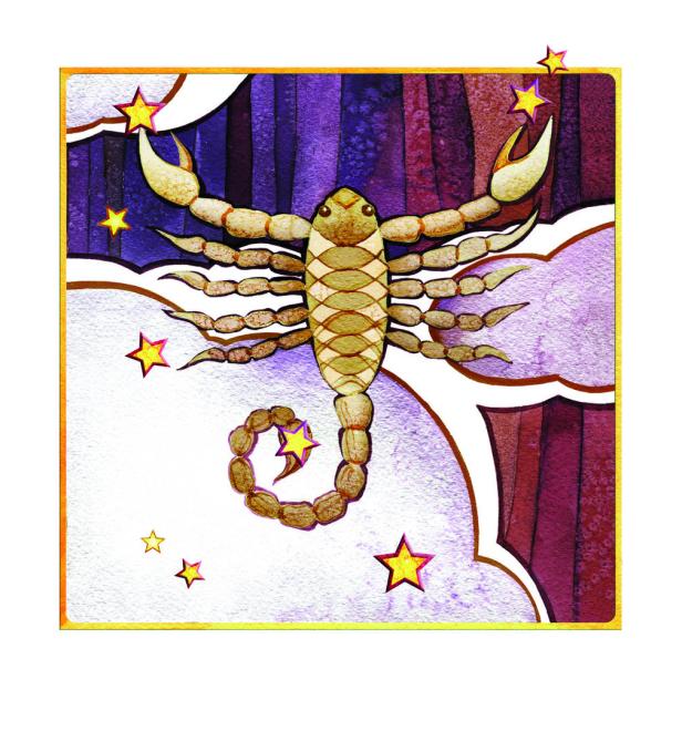Eine Illustration eines Skorpions mit Sternen auf einem farbenfrohen Hintergrund.